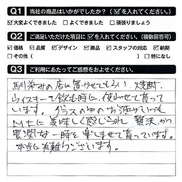 馴染みの店で焼酎、ウィスキーを飲むときに使っています