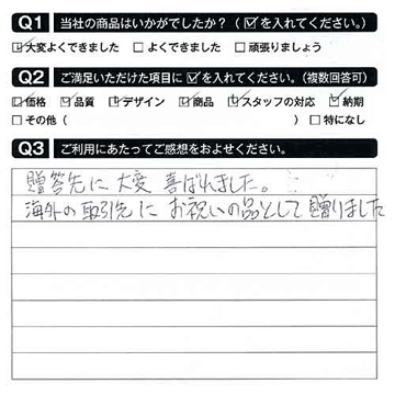 海外の取引先にお祝いの品として贈りました